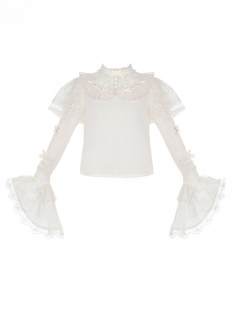 Beige Lolita Top with Bell Sleeves, Delicate Lace and Bow Accents - With PUJI
