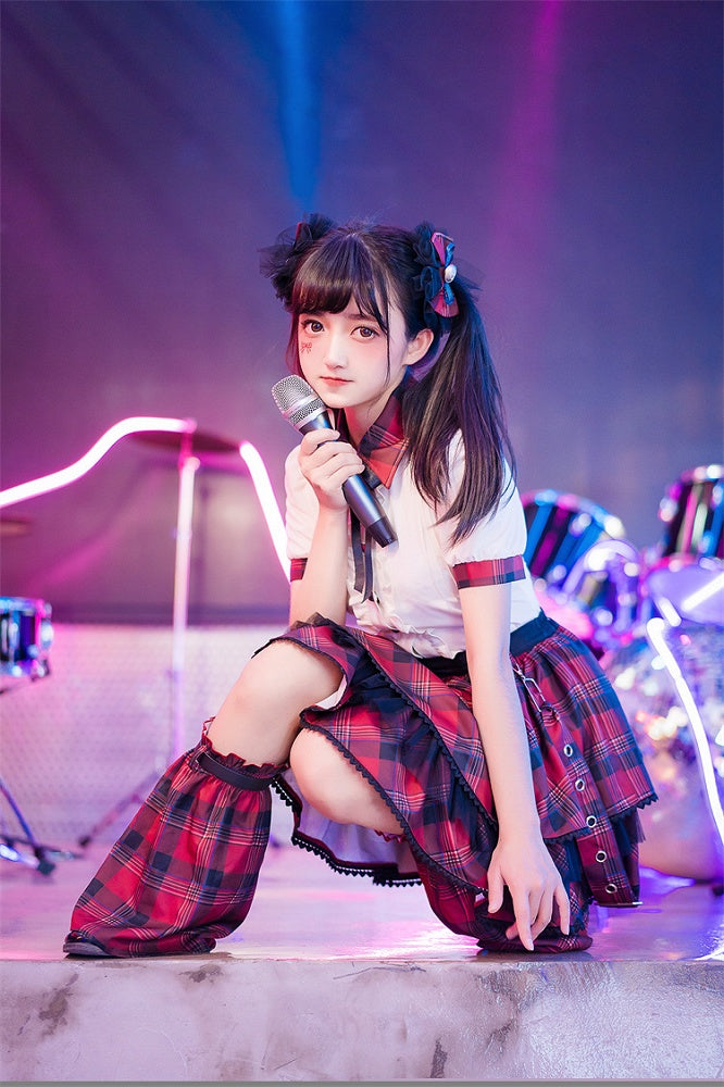 赤いチェック柄バックルストラップ太もも丈アイドルロリータスカート