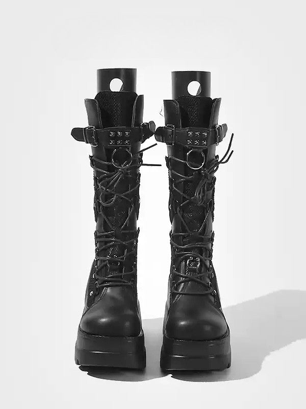 Studded with Boots Back Zip Gothic Mid-Calf Black Platform Buckle Strap Closure Sole -