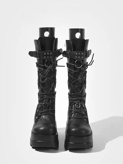 Studded with Boots Back Zip Gothic Mid-Calf Black Platform Buckle Strap Closure Sole -