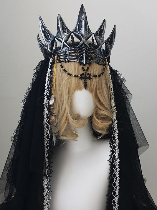 Cross And Beaded Charm Skeleton Hands Black Gothic Crown