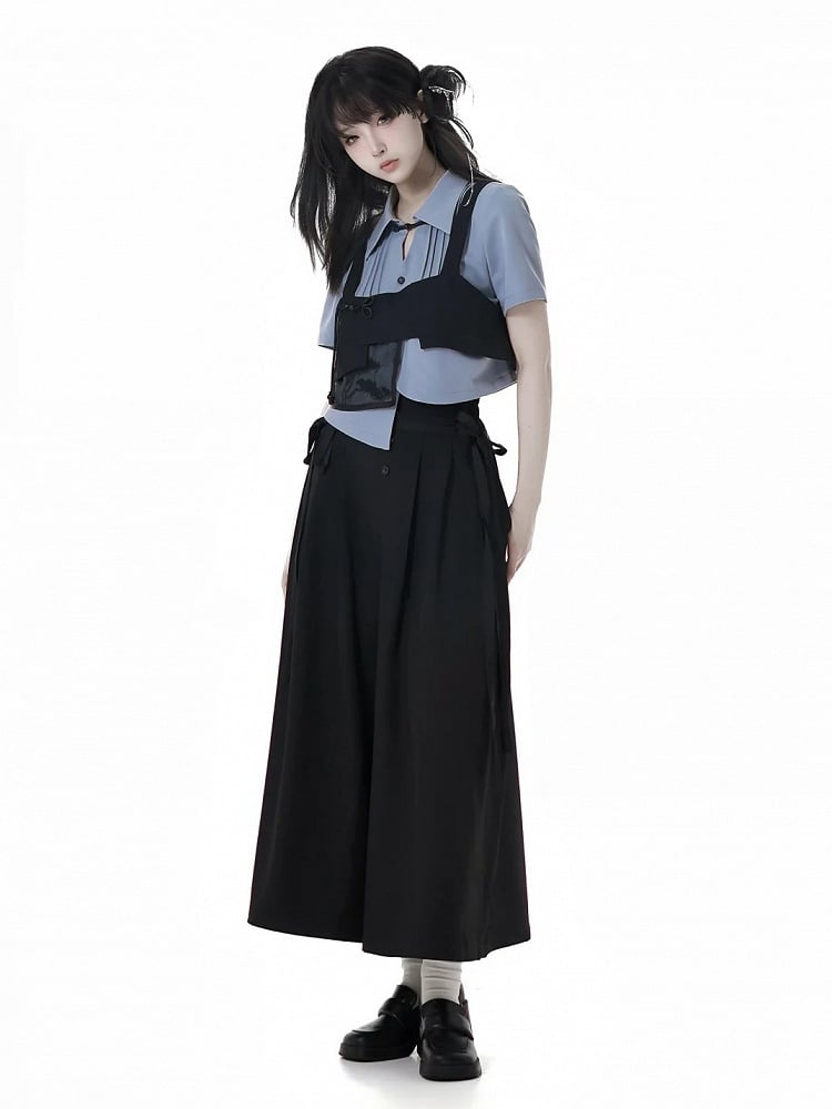 Cropped Shirt Blue Asymmetrical Hem Pleating Details Short Sleeves