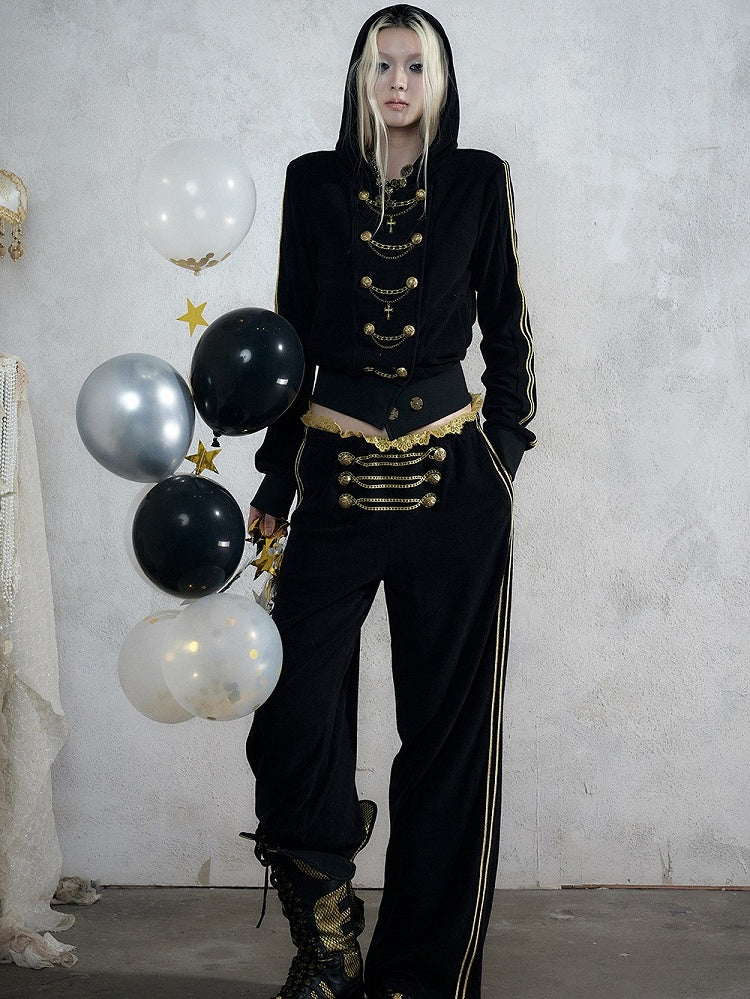Black & Gold Double-Breasted Hooded Jacket with Chain Embroidery Details, Punk Fashion - NO ROMANCE