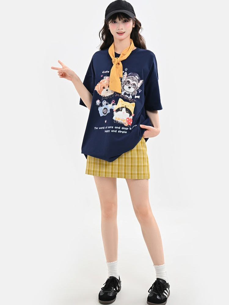 ホワイト/ブラック/ダークブルー ラウンドネック 子犬と子猫プリント ルーズTシャツ