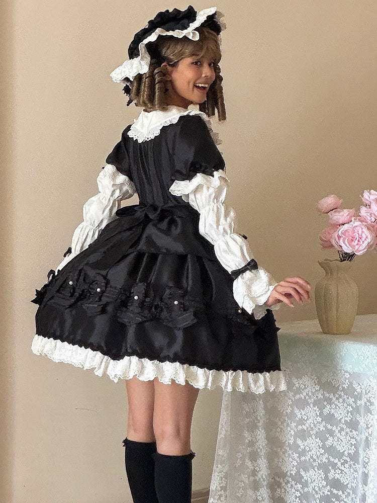 Details Dress with White Sweet Bead Trimmed Black Lolita Lace and Bow