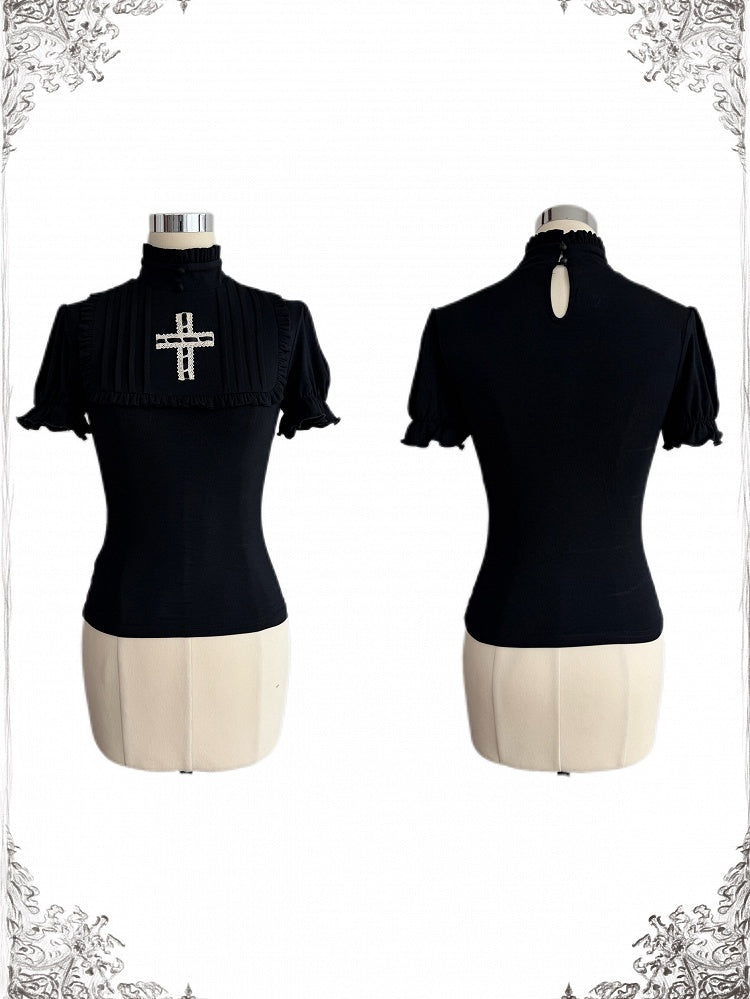 Gothic Black Cross-Decorated Ruffle Short Sleeve Top - Damn Girl