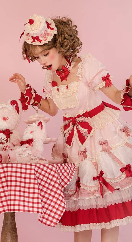 Puff Details Dress and Red Pink Lolita Sweet Bowknot Neckline Sleeves Square
