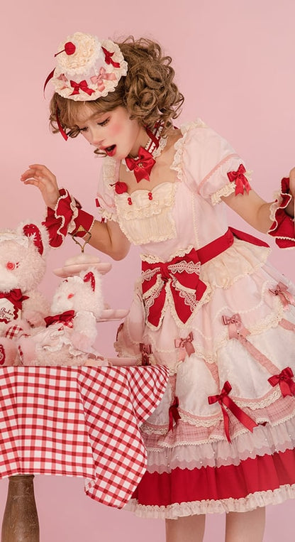 Puff Details Dress and Red Pink Lolita Sweet Bowknot Neckline Sleeves Square