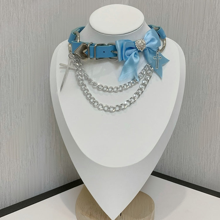 Black Bowknot Rhinestone Cross Buckle Choker with Double Layered Chain