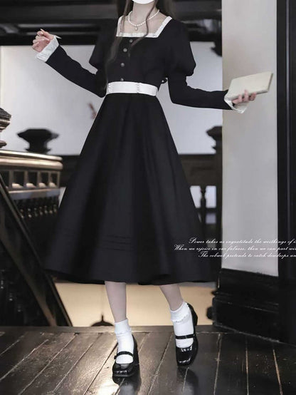 Sleeves Black Square Vintage Neck Midi Dress Elegant Juliet