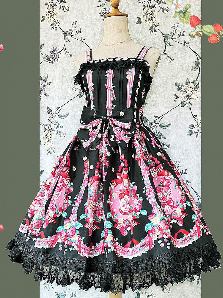 with shaped Pink Strawberry Heart Lace Lolita Dress Black Trim Sweet Print JSK