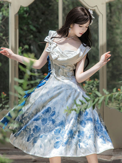 Sleeveless Satin Lolita Dress with Blue and White Floral Print and Bows - Unknown Star