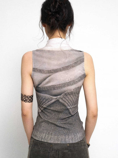 Vest Neck Knit Grey Mock