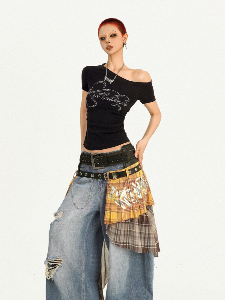 Knit Top Black Y2K Rhinestone One-Shoulder Short Sleeve