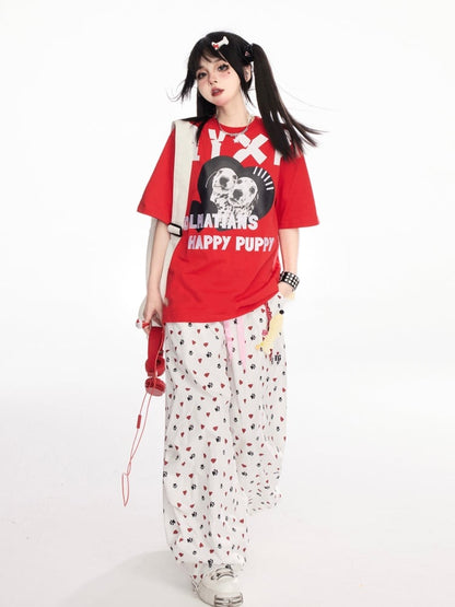 レッド クルーネック ダルメシアンプリント ヴィンテージTシャツ