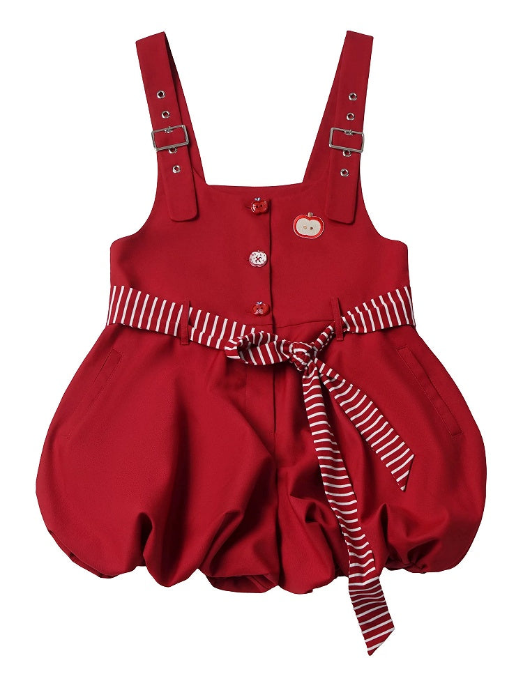 Crimson Bubble Overalls with Striped Belt Accent - PINK SAVIOR