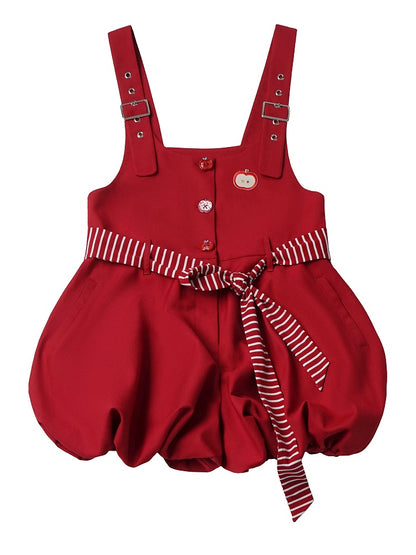 Crimson Bubble Overalls with Striped Belt Accent - PINK SAVIOR
