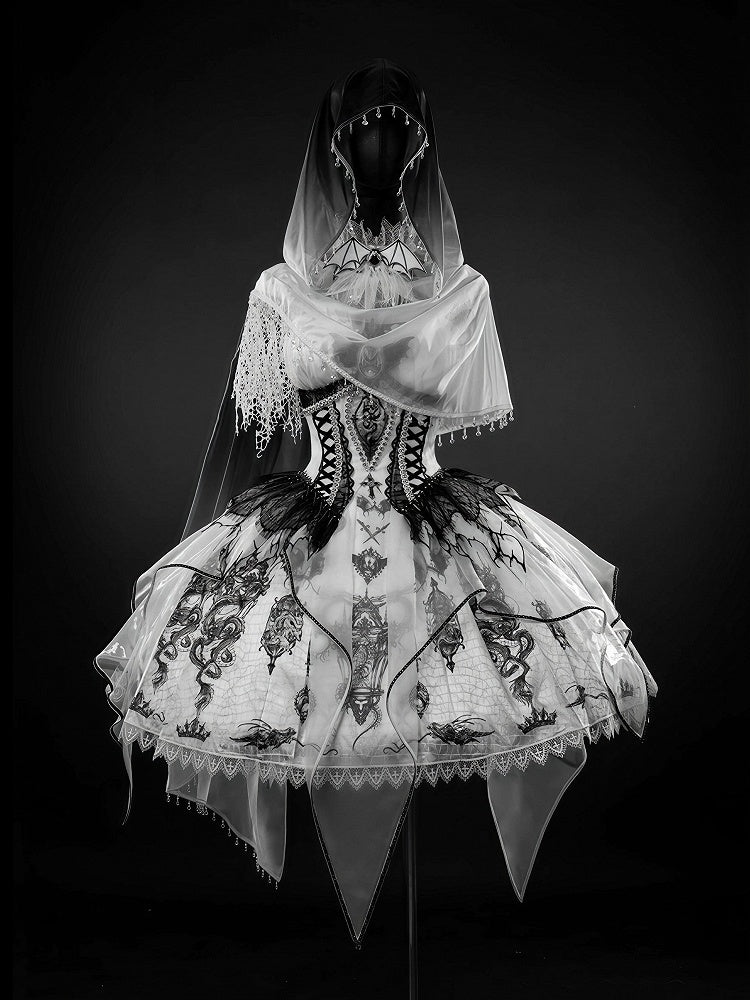 Black & White Bone Dragon Embroidery Halter Neck Gothic Lolita Dress Set - Ying Luo Fu