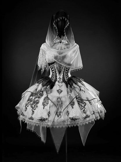 Black & White Bone Dragon Embroidery Halter Neck Gothic Lolita Dress Set - Ying Luo Fu