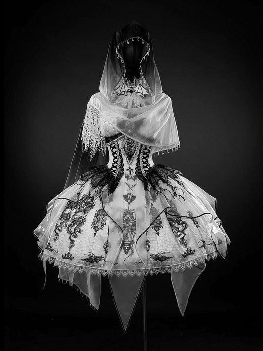 Black & White Bone Dragon Embroidery Halter Neck Gothic Lolita Dress Set - Ying Luo Fu