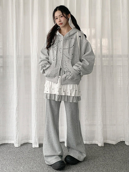 Waist Flared Rhinestone Gray Drawstring Pants with Heart Design