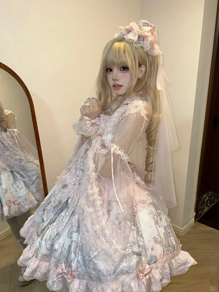 Sweet Pink Bowknot Hem Bear JSK Angel Dress with Decorated Print Lolita