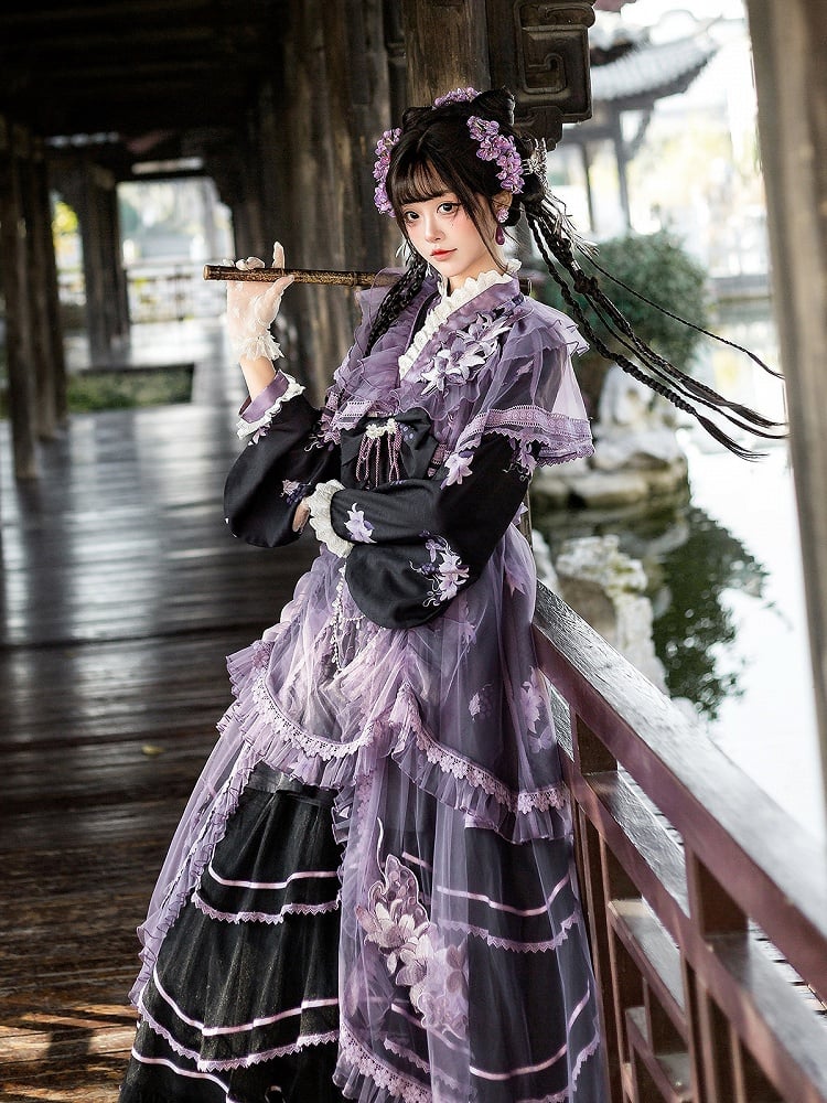 Floral Crossover Dress Neck Black Overdress Purple + Lolita Skirt Han Print Tulle