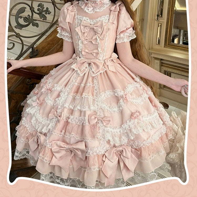 Kleid Sweet Lolita Rosa Akzente Hohe Abnehmbare mit Ärmeln Schleife Taille Prinzessin