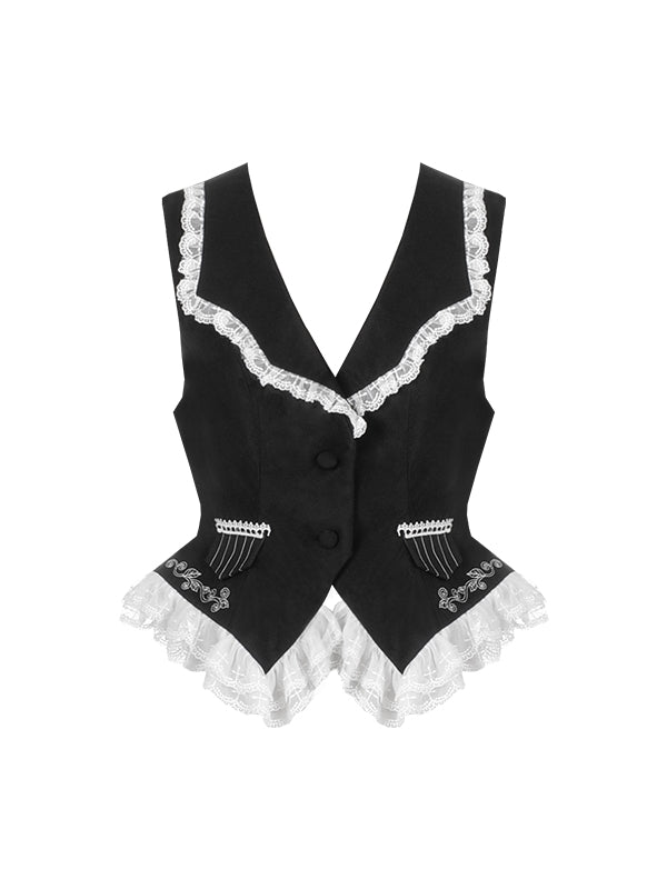 Ouji Lolita Waistcoat with Cross Embroidery and Lace Hem - With PUJI
