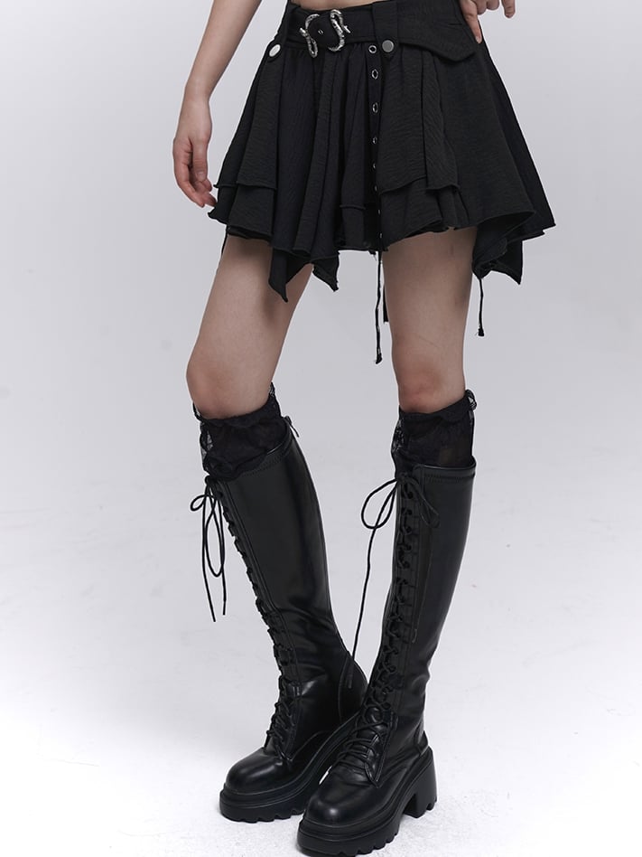 Asymmetrical Hem Tiered Skirt with Black Serpentine Belt