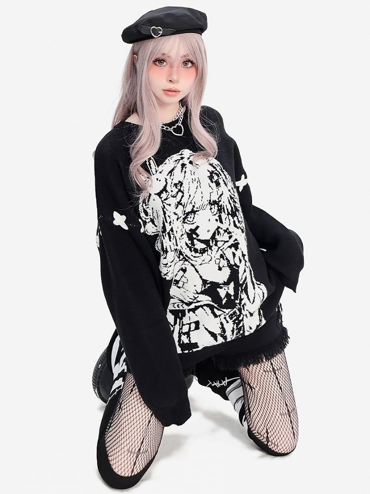 ブラックガール柄ラウンドネックルーズセーター