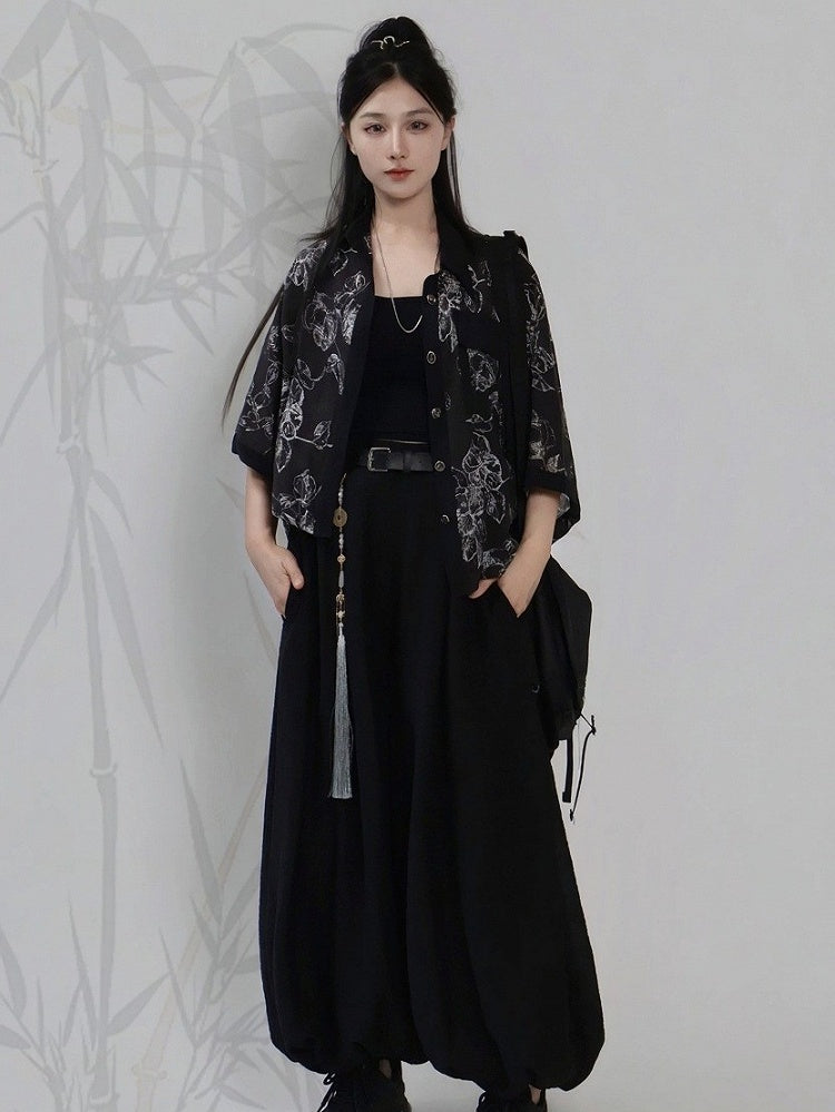 Black Ink Wash Floral Short Sleeve Tencel Shirt and Camisole Set - Feng Hua Gui Guo Ling