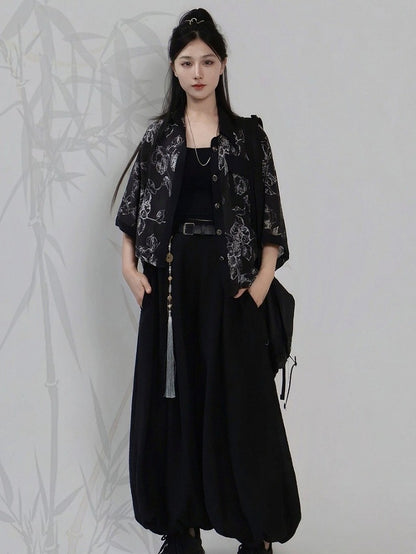Black Ink Wash Floral Short Sleeve Tencel Shirt and Camisole Set - Feng Hua Gui Guo Ling