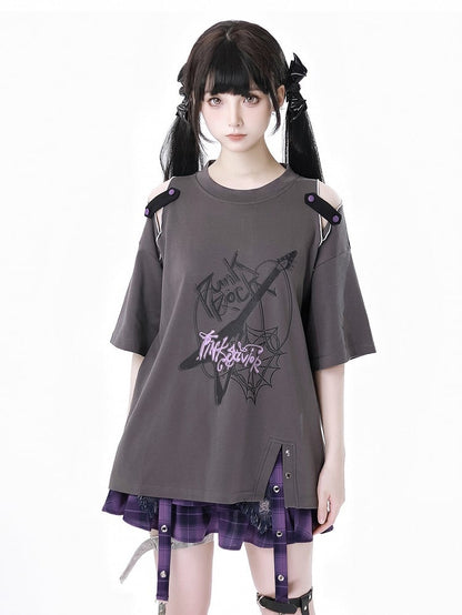 Dusty Gray Cutout Shoulder Slit Hem Punk Rock Graphic T-Shirt