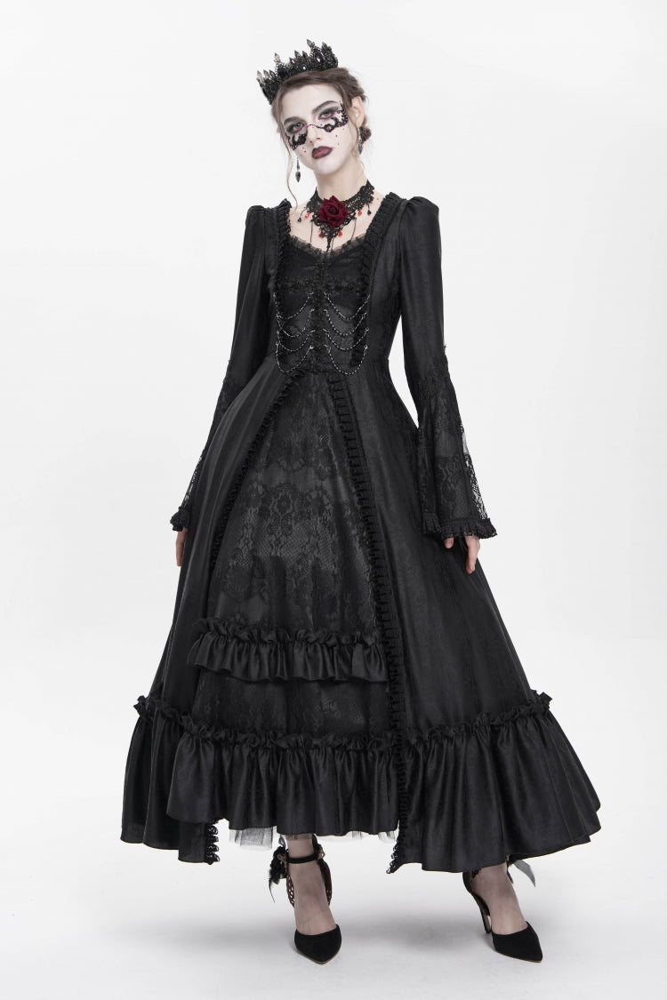 Black Long Sleeve Floral Embroidery Lace-Up Pleated Gothic Dress