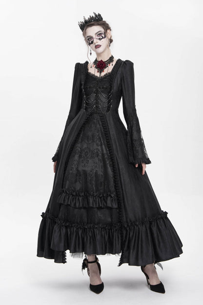 Black Long Sleeve Floral Embroidery Lace-Up Pleated Gothic Dress