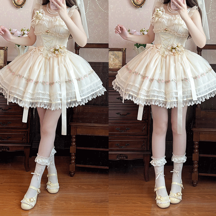 Beige Sleeves Bowknots Decoration Ribbon Lolita Dress JSK Flutter Sweet Boned Waist Balletcore