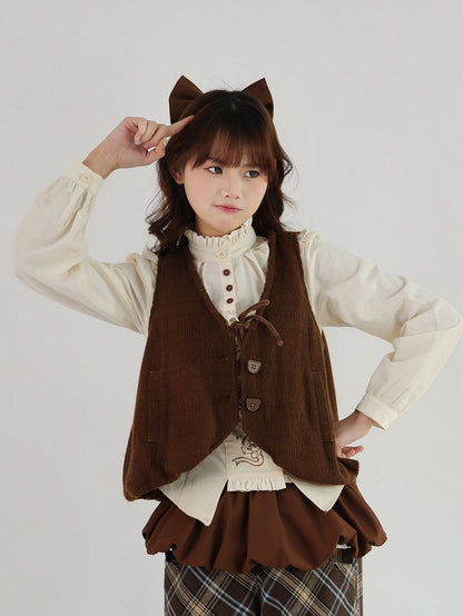 Beige with Lolita Ruffle Sweet Embroidery Bear Blouse Neckline