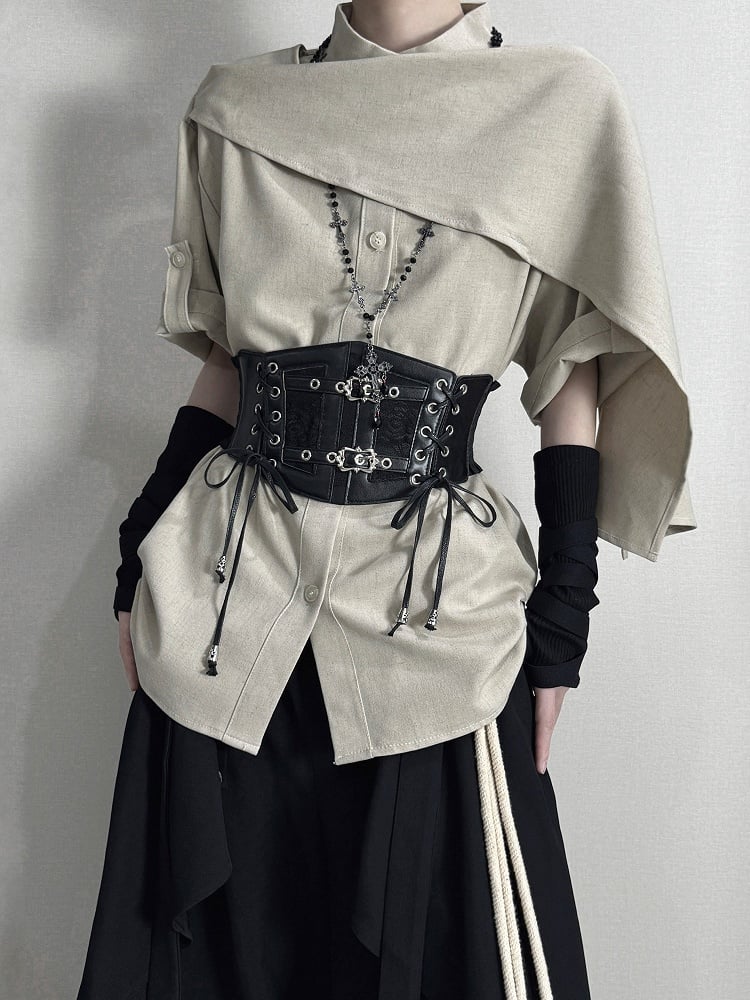 Straps Buckle with and Corset Khaki Belt Black Shirt Tab Sleeve Short-sleeve