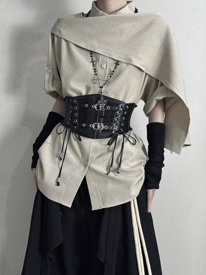 Straps Buckle with and Corset Khaki Belt Black Shirt Tab Sleeve Short-sleeve