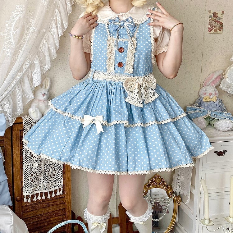 Kleid Altes Muster Lolita Polka-dot Schule Blau Overall