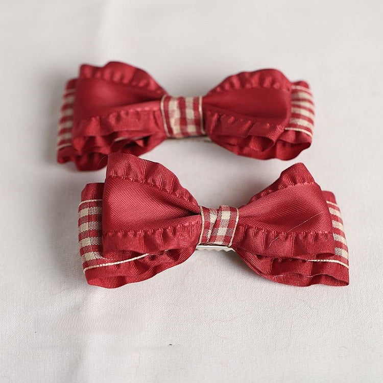 Edges with Lolita Plaided Bow Hairclips Red Ruffled White