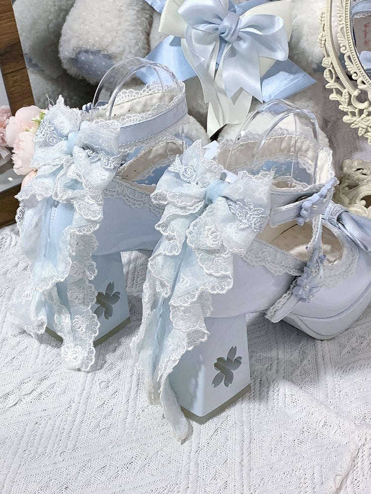 with Design Romantic Clasp in High Heels PU Openwork Lolita Sweet Floral Block Blue Heel