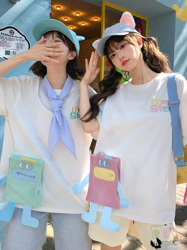 T-shirt Blue/Pink Neck Loose Cartoon Pocket White Round