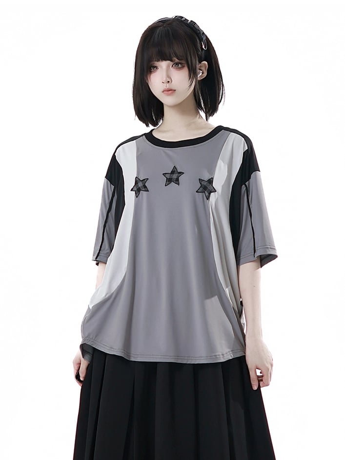 Neck Design Round Sports T-shirt Colorblock Star Appliques Plaid Black/Gray
