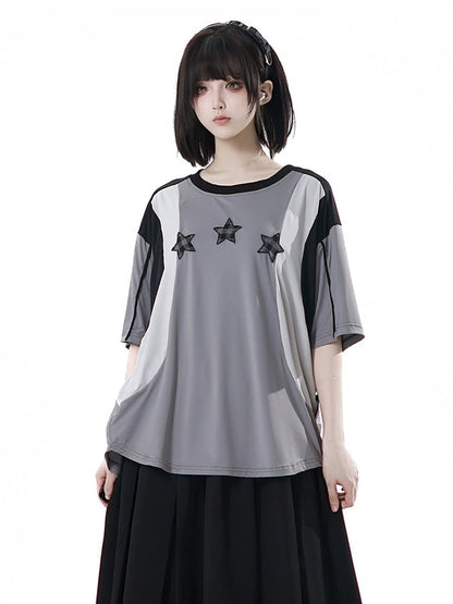 Neck Design Round Sports T-shirt Colorblock Star Appliques Plaid Black/Gray