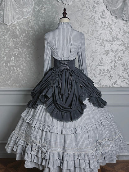Blue Striped Tie Bow Ruffled Lolita Gray Blouse with