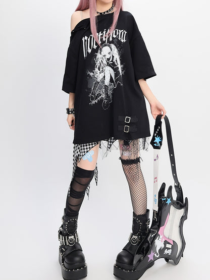 Y2K ブラック スナップディテール ネックライン アニメプリント ガール ルーズTシャツ