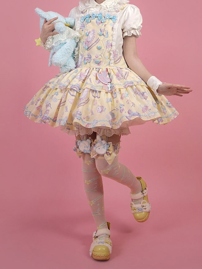 Charming Yellow Overall Gown with Bow Detail and Removable Apron Set - Vcastle