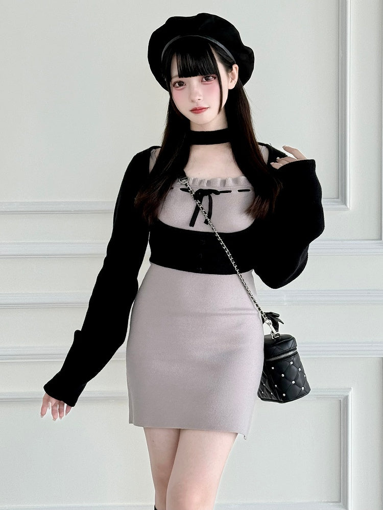 Black and Top Slip in Jirai Kei Refined - Purple Open-Bust Set Dress Style